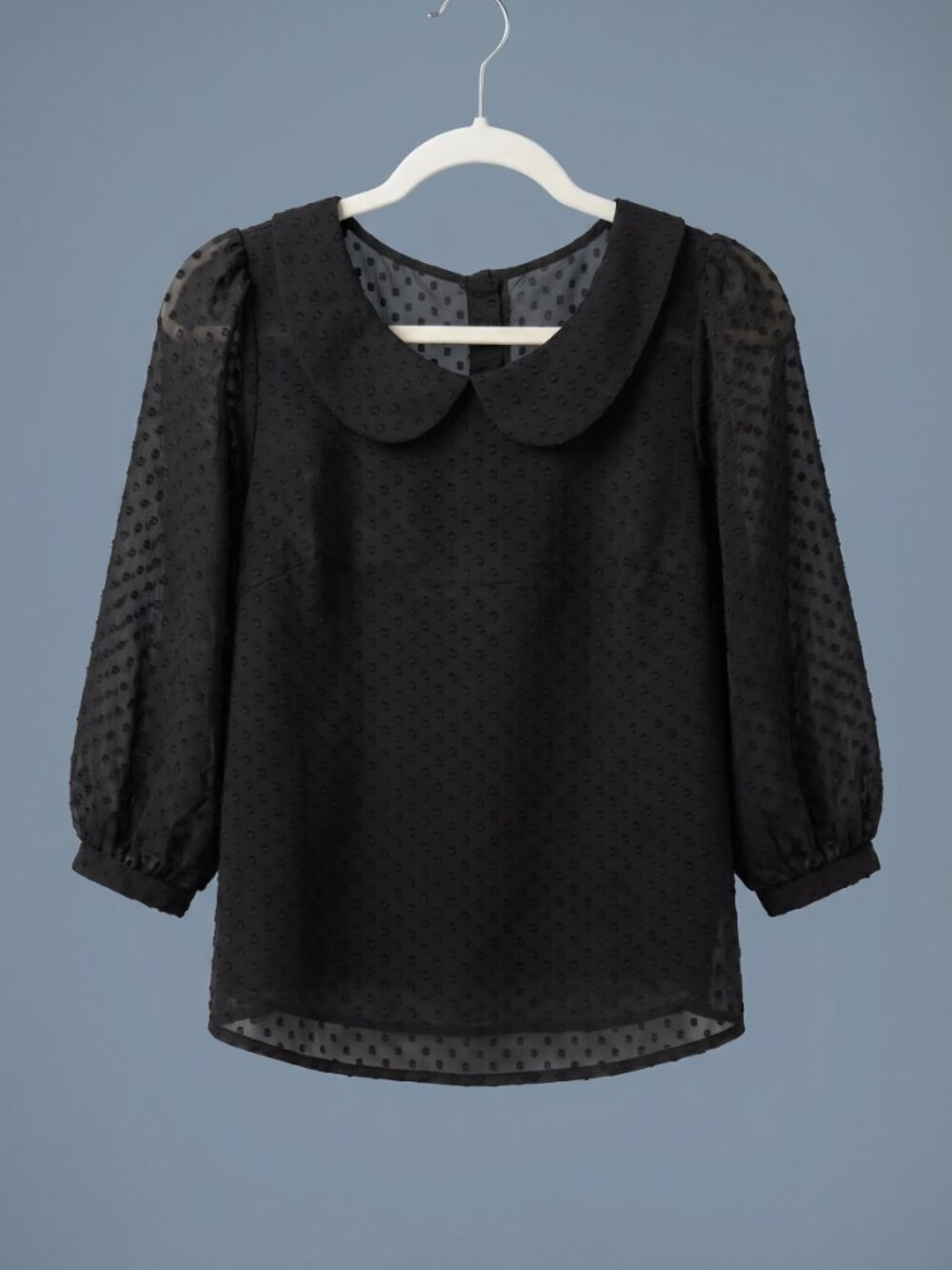 Tulle Black Swiss Dot Peter Pan Collar Puff Sleeve Blouse Size Small